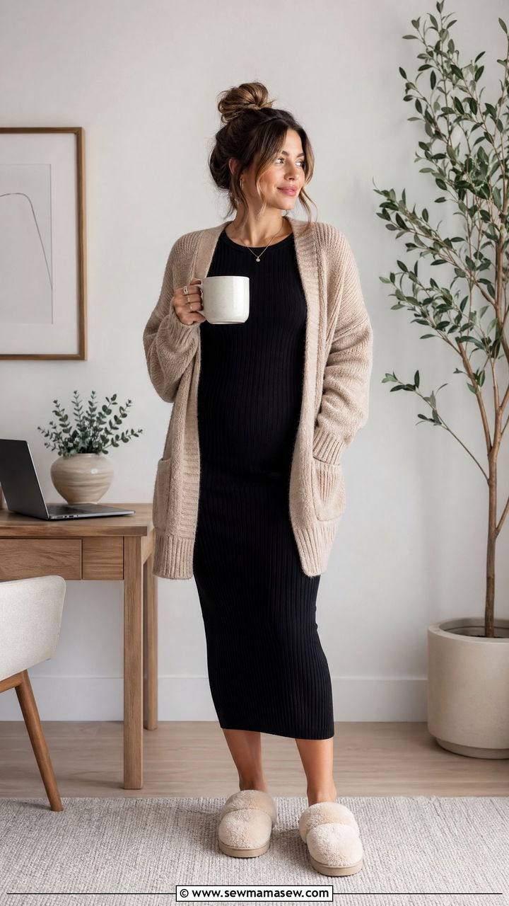 Knit midi dress with cozy cardigan outfit - 35 Work from home outfits for moms