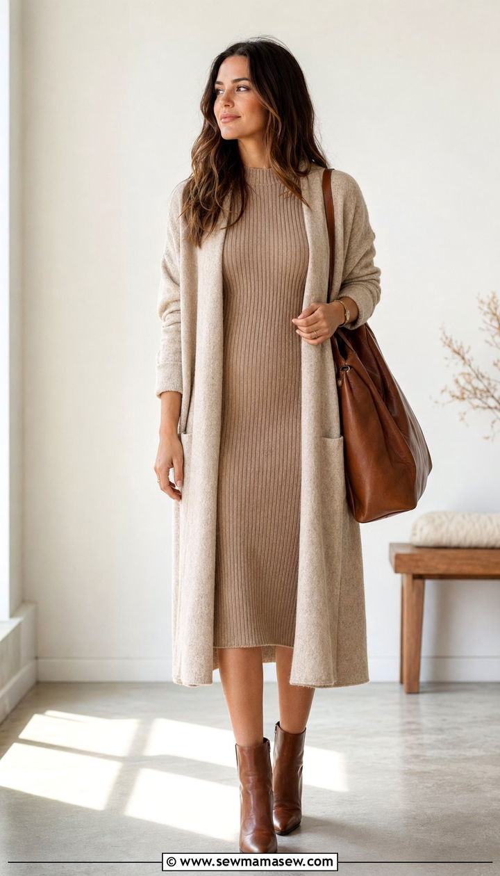Knit midi dress with duster cardigan and ankle boots - 35 Modest outfit ideas for office