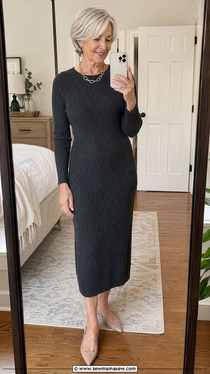 Knit midi dress with pointed toe flats outfit - 35 Classy outfit ideas for women over 60