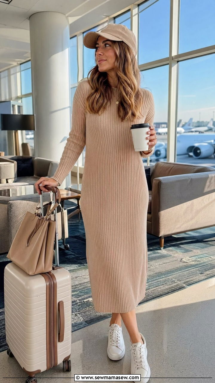 Knit midi dress with white sneakers and a baseball cap - 35 spring easy outfit ideas