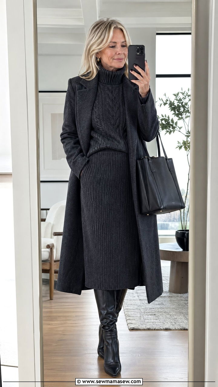 Knit midi skirt with cable knit sweater - 35 Skirt outfit ideas for women over 50
