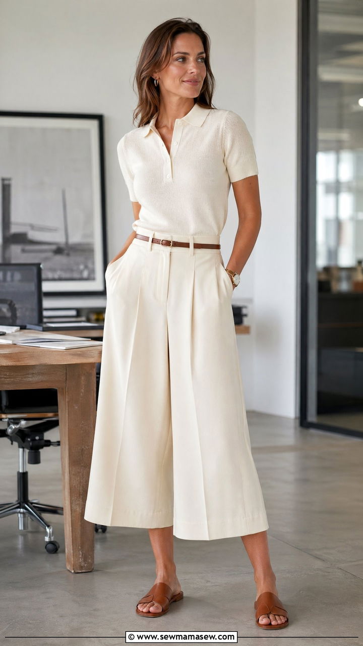 Knit polo with high waisted wide leg culottes - 35 Summer office outfits