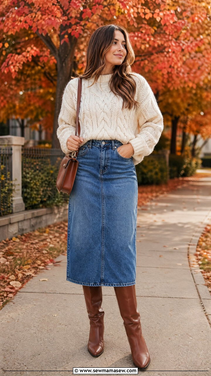 Knit sweater and denim skirt fall outfit - 35 Country outfit ideas