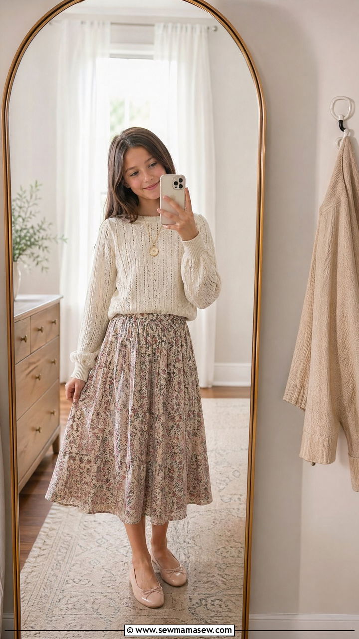 Knit sweater and floral skirt - 35 Spring outfits for little girls