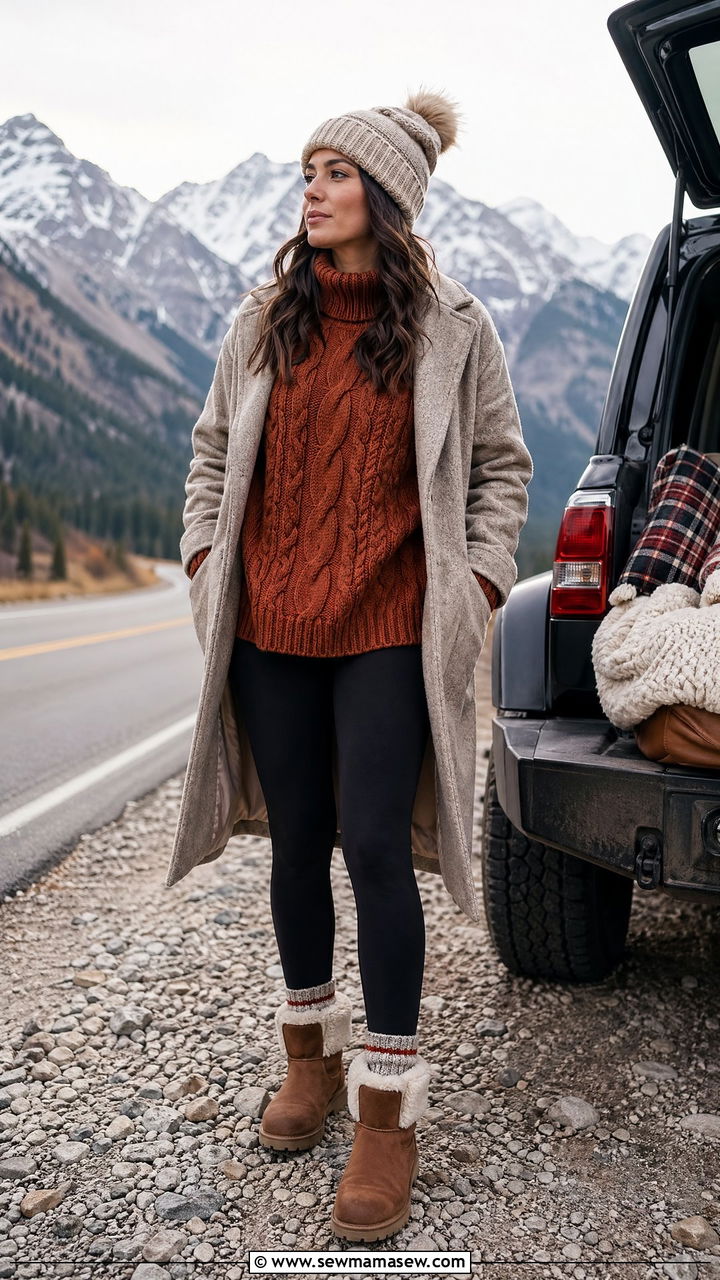 Knit sweater and leggings road trip outfit - 35 Travel day outfit ideas
