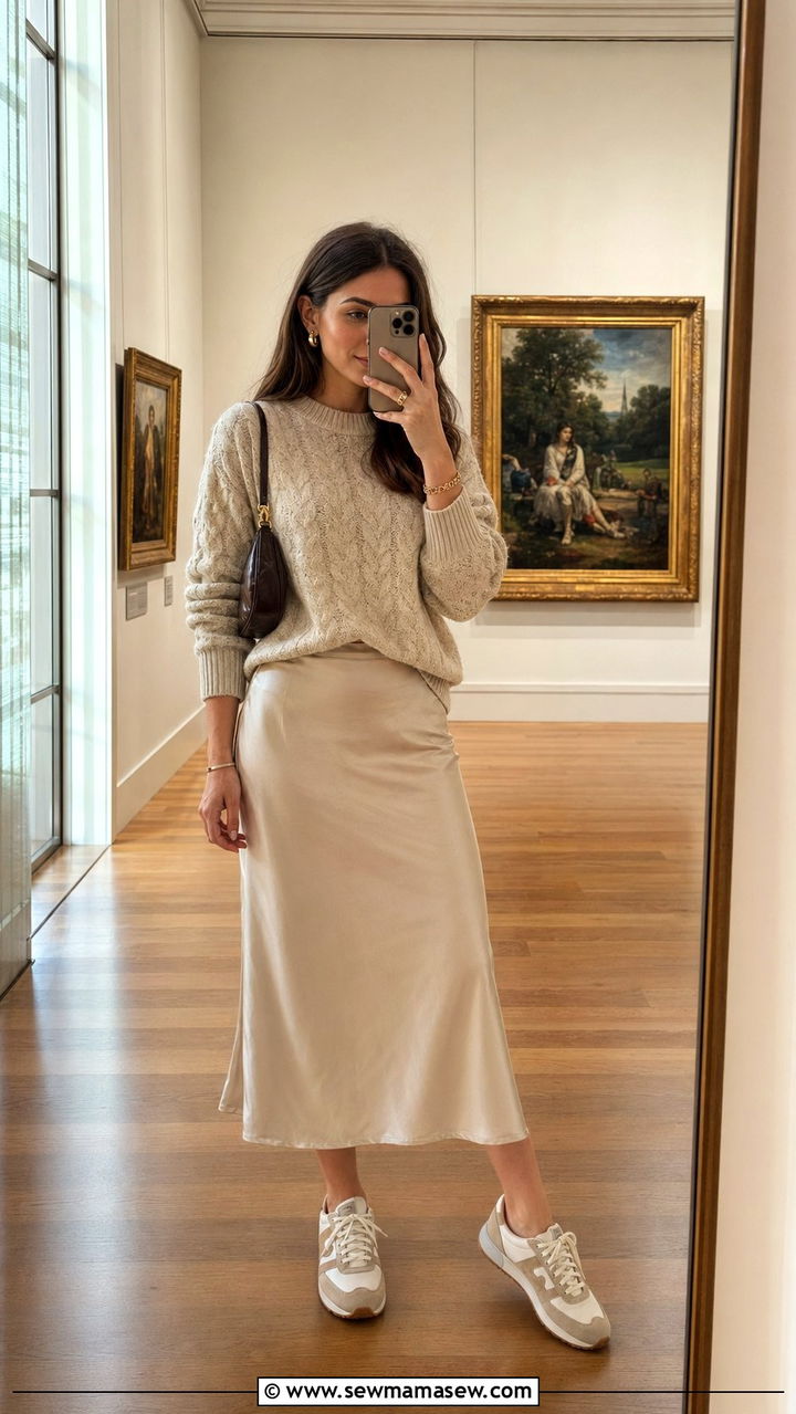 Knit sweater and satin skirt museum outfit - 35 museum outfit ideas