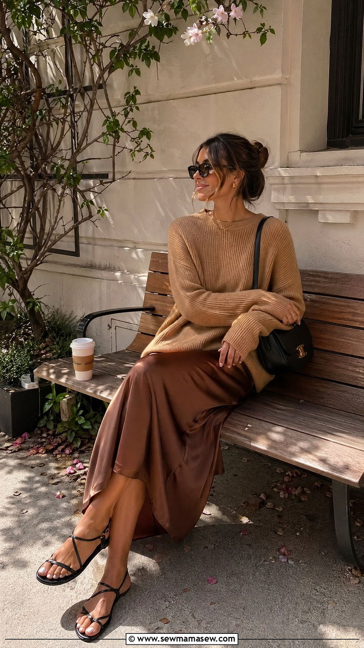 Knit sweater and satin slip skirt outfit - 35 Spring errands outfit ideas