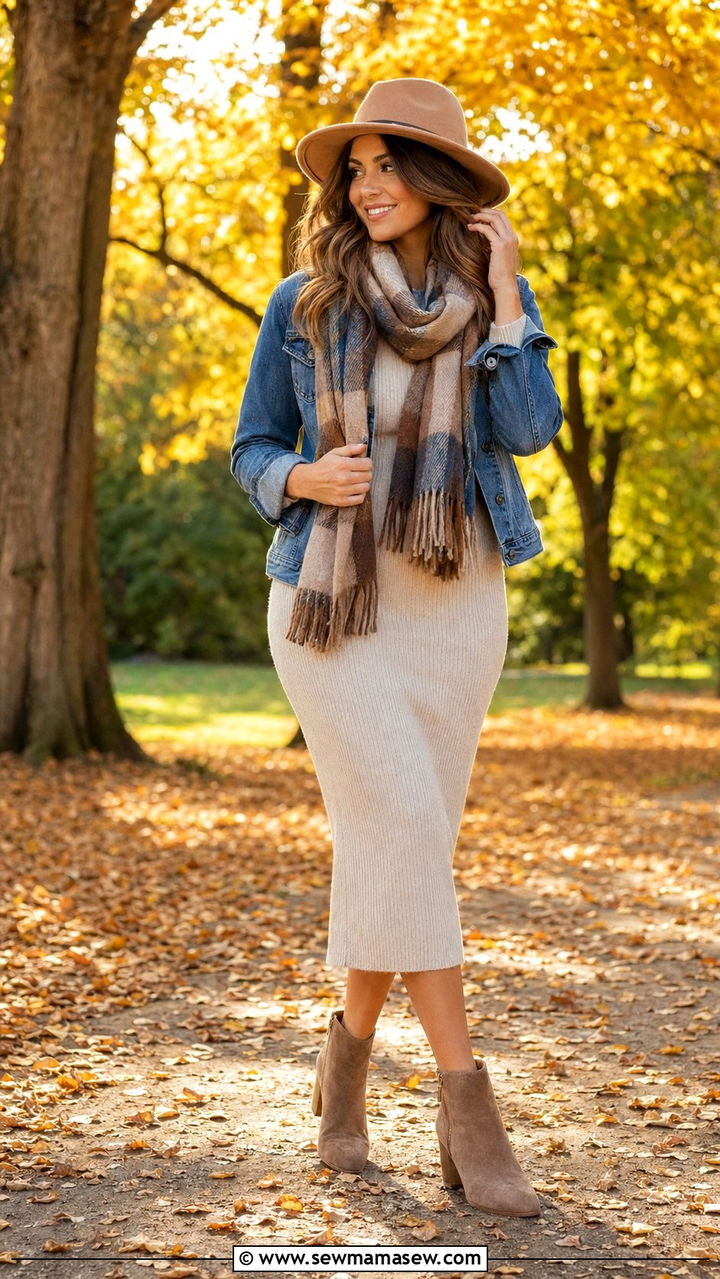 Knit sweater bodycon dress with denim jacket - 30 Bodycon dress outfit ideas with a denim jacket