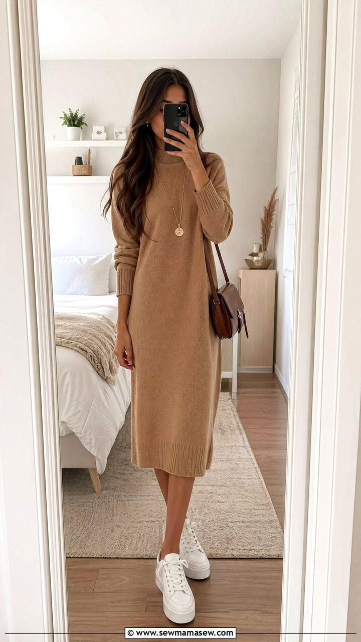 Knit sweater dress with platform sneakers - 35 casual school outfits