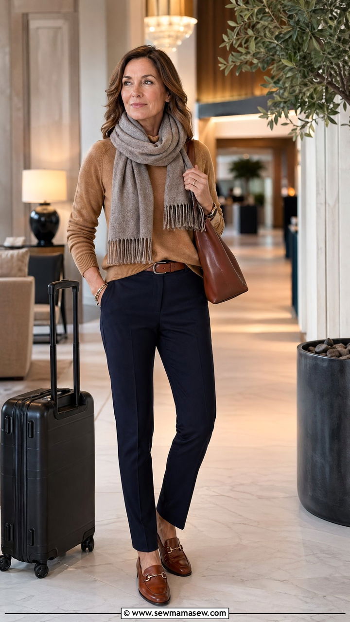 Knit sweater with stretch trousers and loafers travel outfit - 35 Travel outfit ideas for women over 40