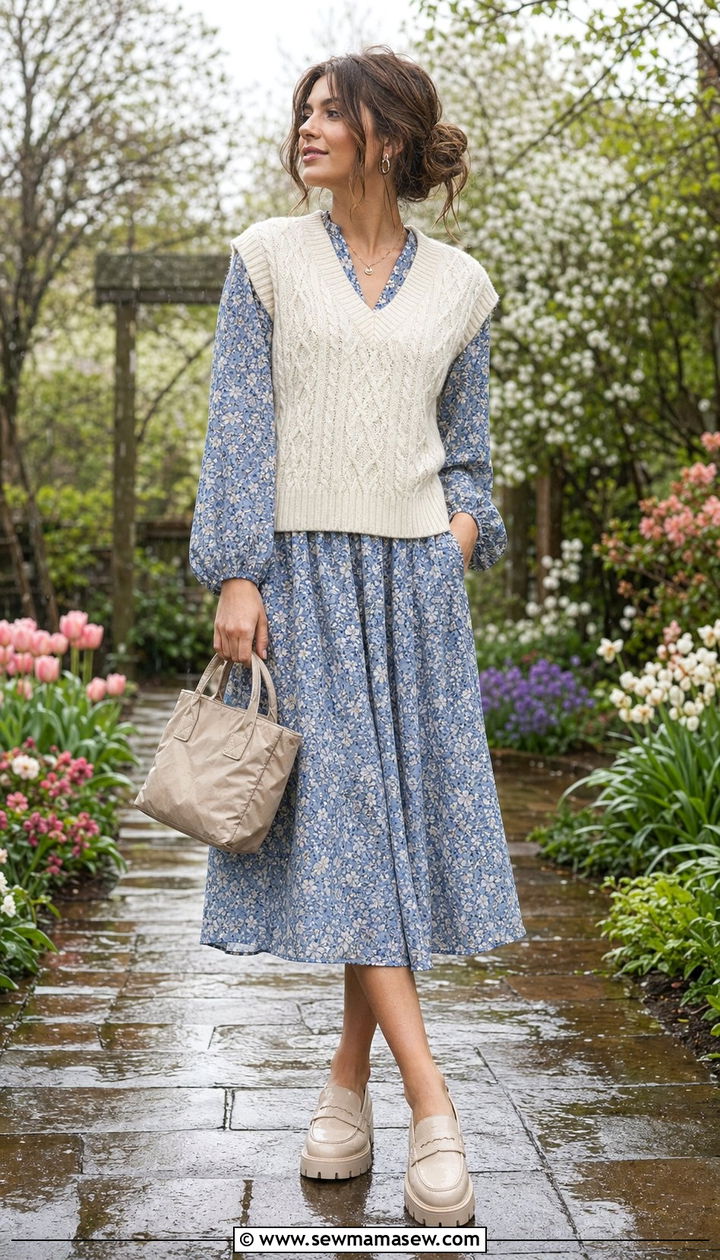Knit vest layered over a floral dress with loafers - 30 April showers outfit ideas