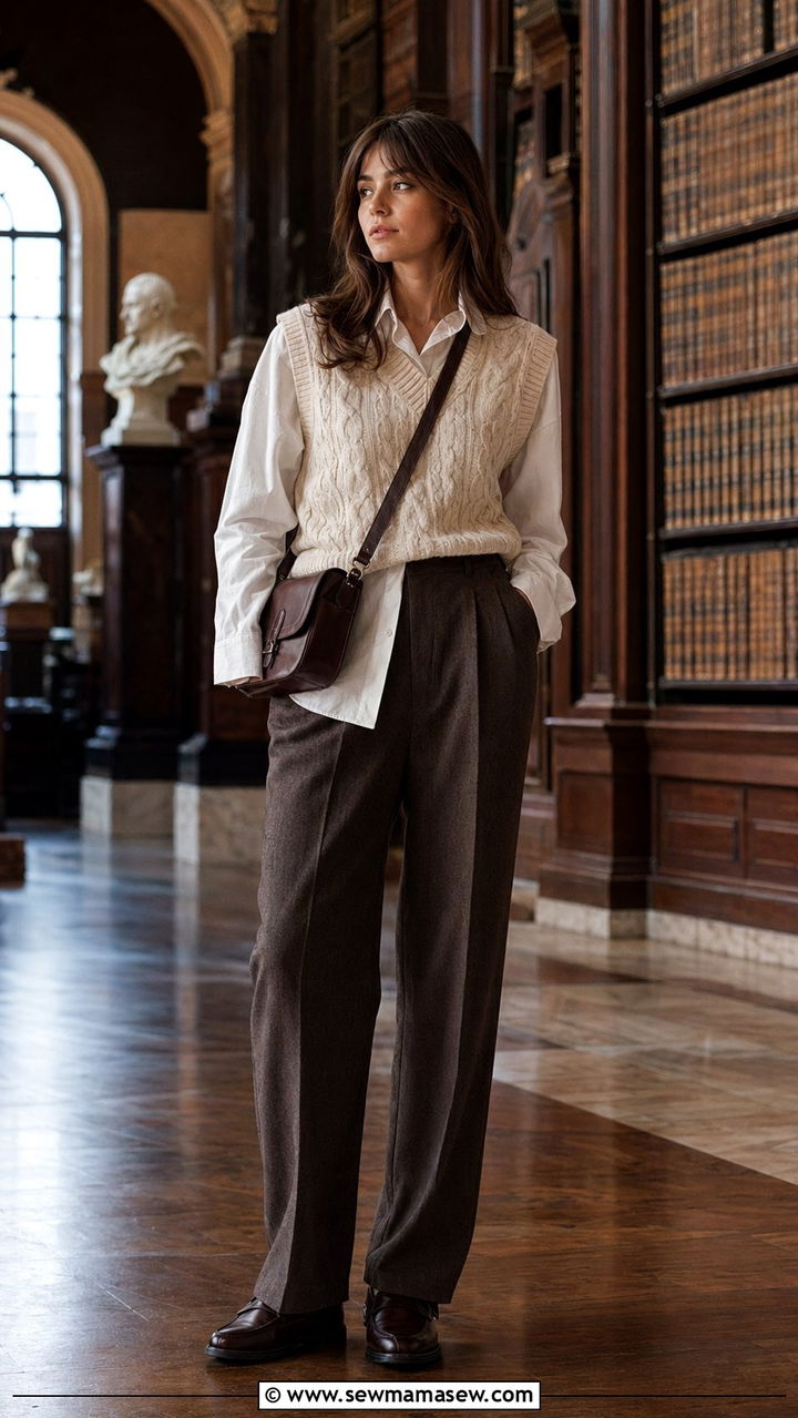 Knit vest layered over a white shirt - 35 Museum visit outfit ideas