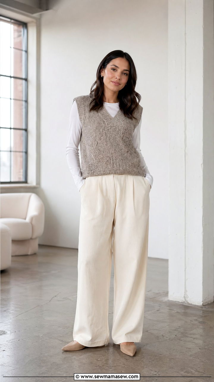 Knit vest layered over long sleeve tee with wide leg pants - 35 Transitional wardrobe ideas