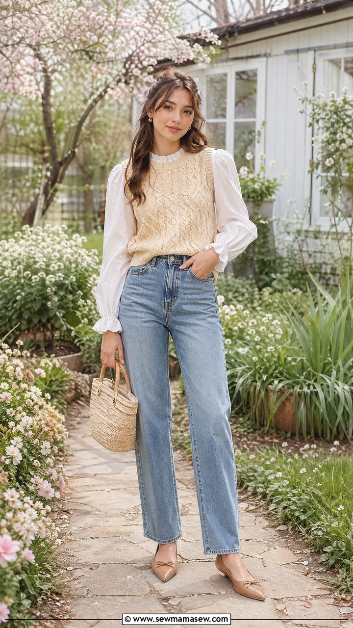 Knit vest over a puff sleeve blouse with straight leg jeans - 35 Spring outfits for teens