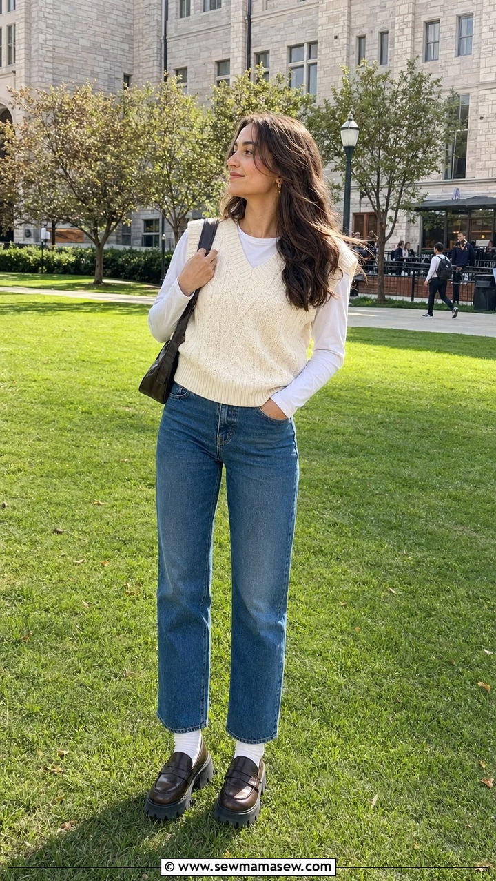 Knit vest straight jeans and loafers - 30 Back to school outfit ideas for college 2026