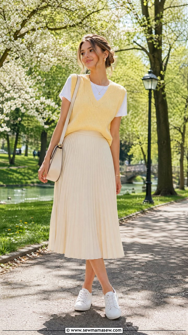 Knit vest with pleated midi skirt - 35 Spring to summer transition outfits