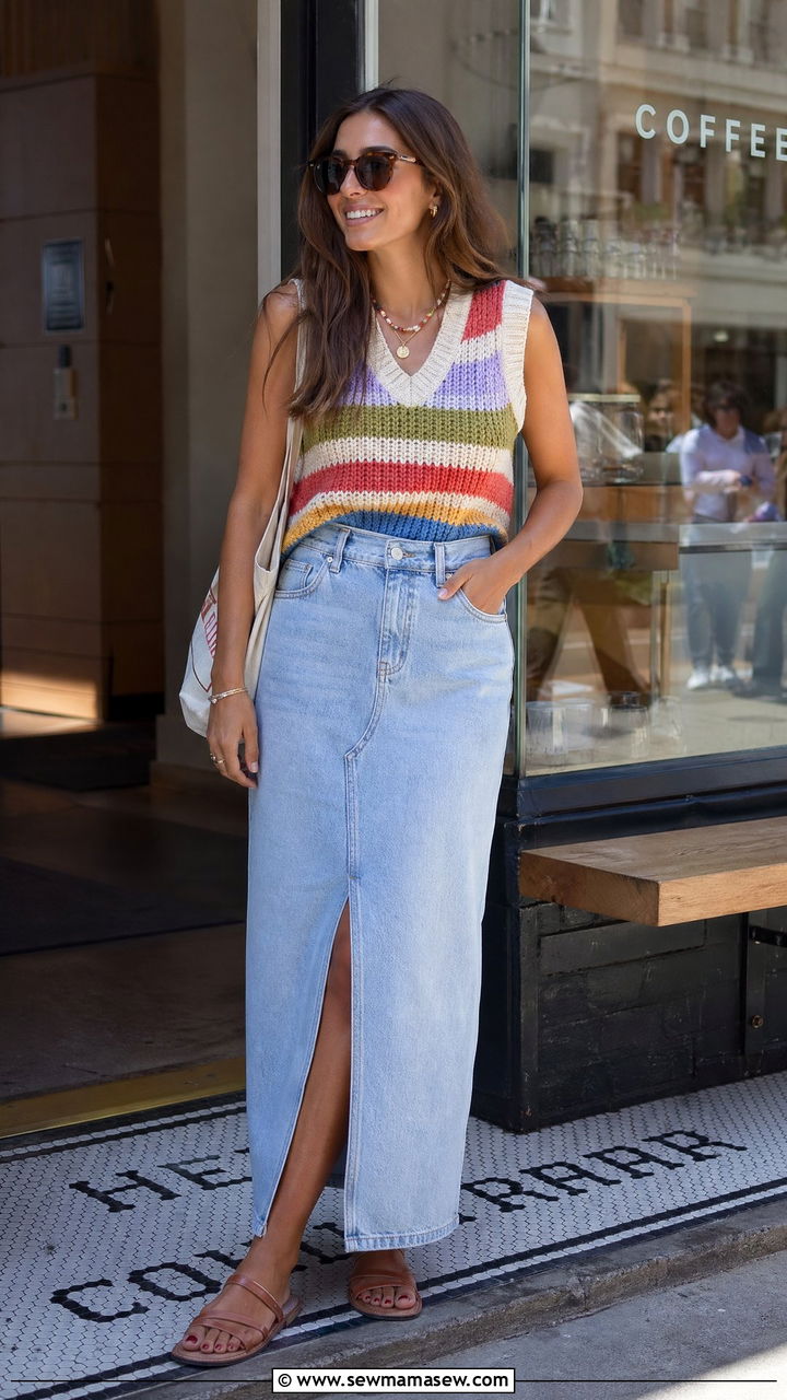 Knitted Vest With Denim Maxi Skirt - 35 Summer London outfit ideas