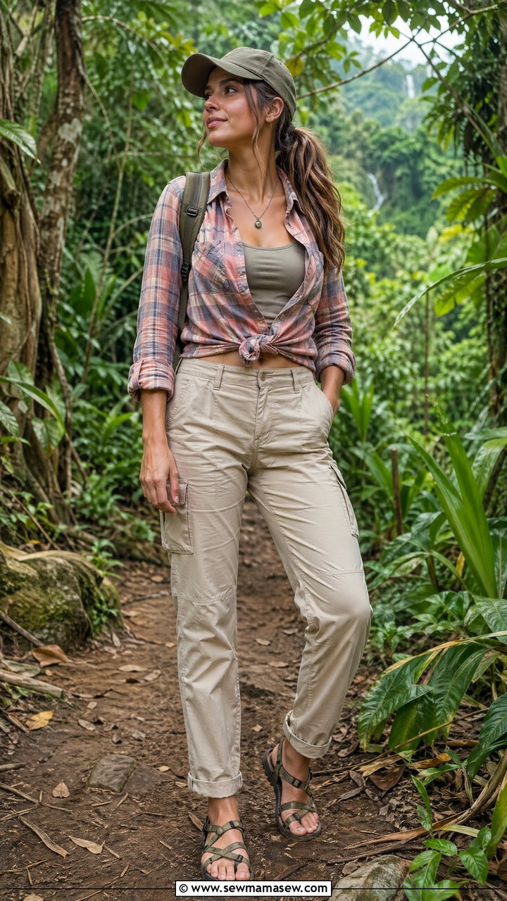 Knotted Plaid Shirt and Cargo Pants Costa Rica Outfit - 35 Costa Rica outfit ideas