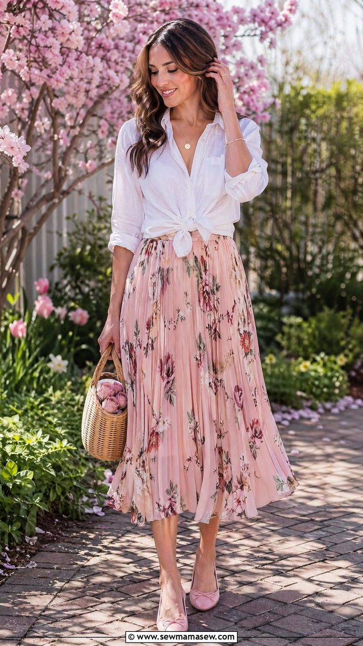 Knotted White Shirt with a Flowery Midi Skirt and Ballet Flats - 35 spring casual chic outfit ideas