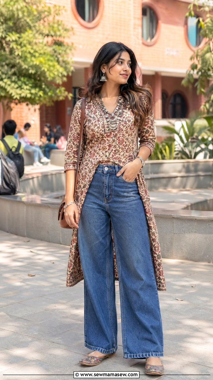 Kurti With Wide Leg Jeans and Juttis - 35 college outfits 2026