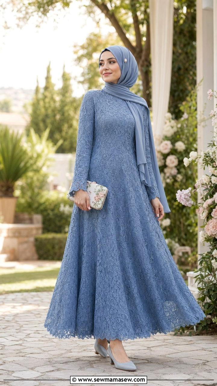 Lace A Line Dress With Pearl Hijab Pin - 30 wedding guest outfits for hijab women