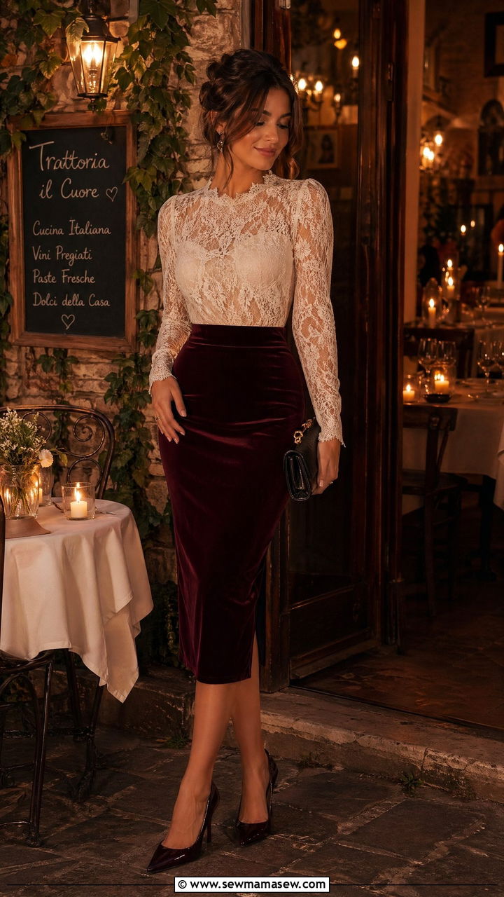 Lace Blouse And Velvet Skirt Italy Spring Evening Outfit - 35 Spring Italy outfit ideas