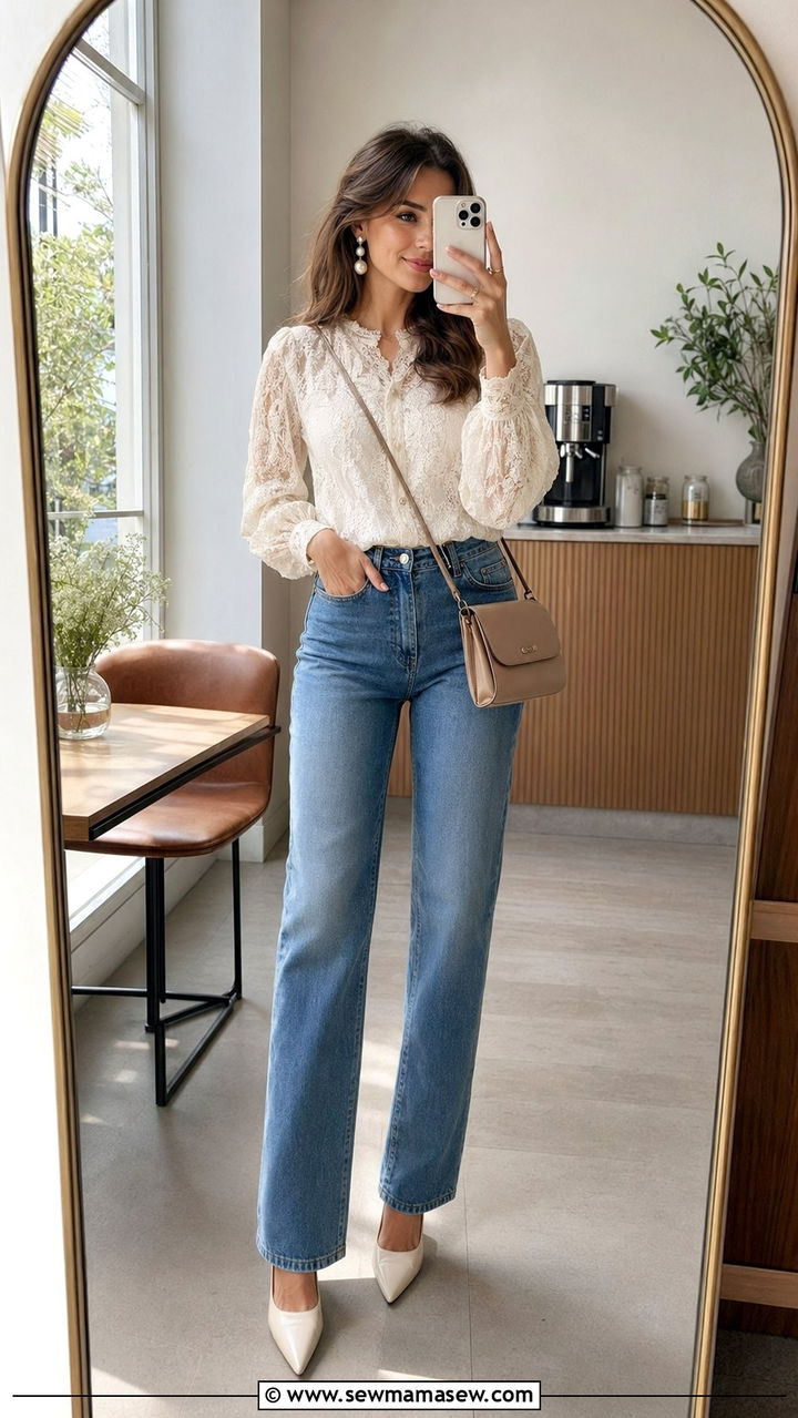 Lace Blouse With High Waisted Jeans And Heels - 35 Romantic outfit ideas