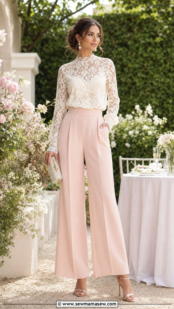 Lace Blouse With Palazzo Pants and Heeled Sandals - 35 palazzo pants outfit ideas for women