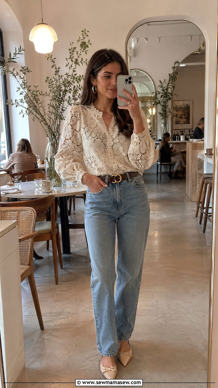 Lace Blouse with High Waisted Jeans - 35 spring boho chic outfits