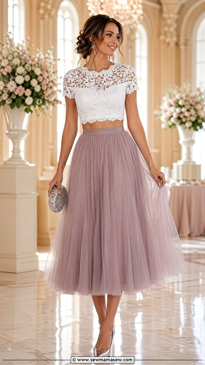 Lace Crop Top and Tulle Skirt Set - 35 wedding guest outfits
