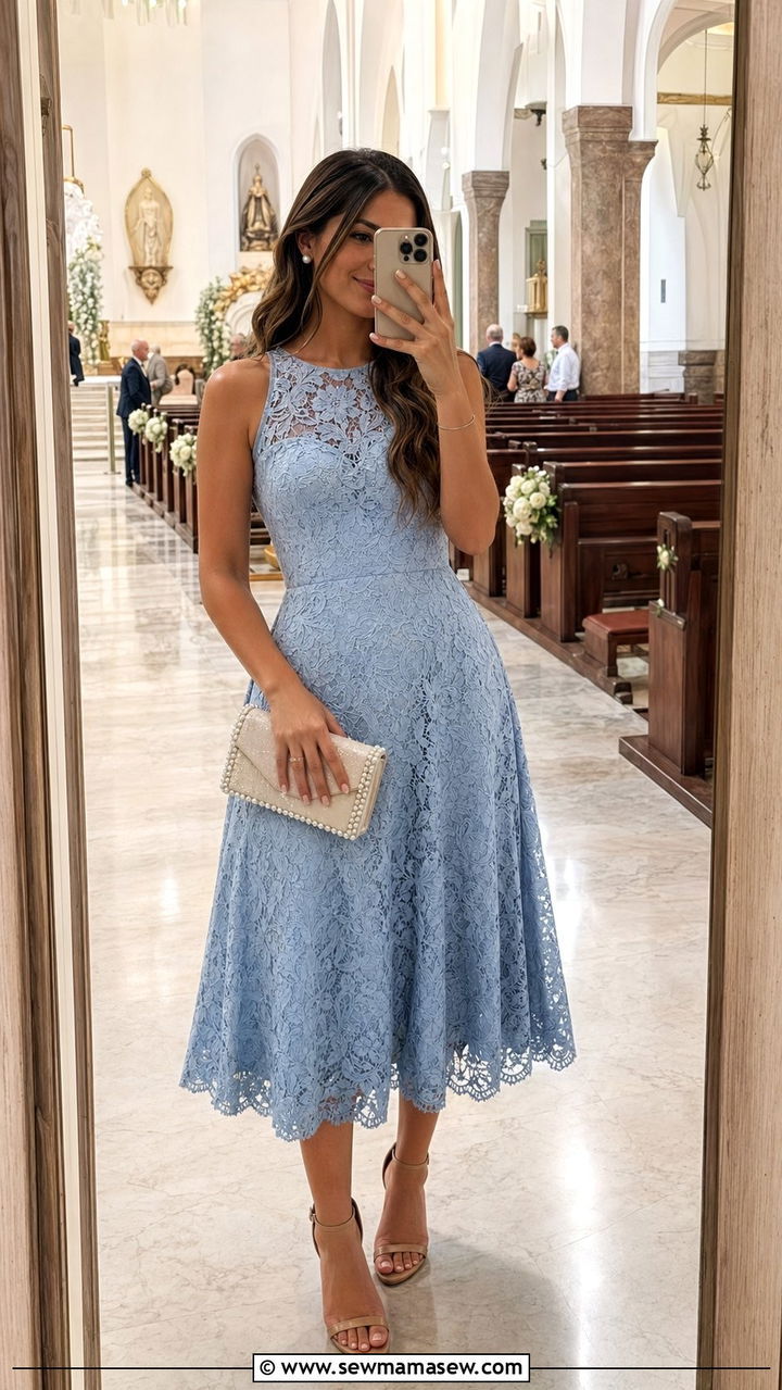 Lace Dress with Pearl Accessories - 30 What to wear to a summer wedding