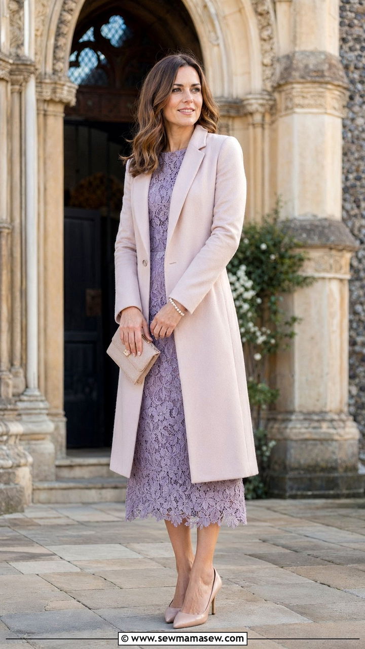 Lace Dress with Structured Coat - 30 Wedding guest outfits for rainy weather