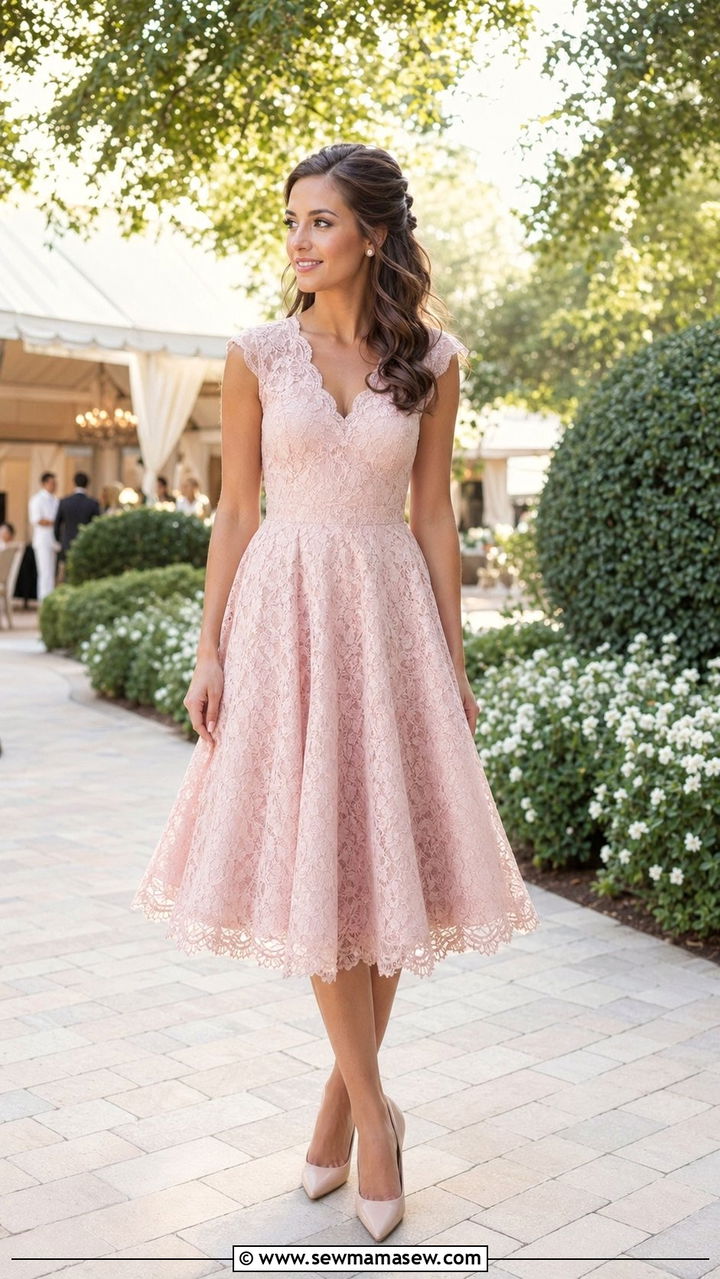 Lace Fit and Flare Dress Wedding Guest Outfit - 30 Wedding guest outfits for pear shape