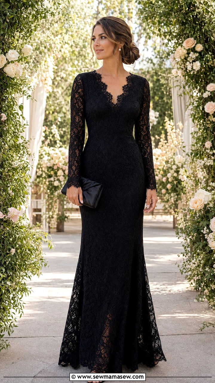 Lace Floor Length Gown - 30 Black tie wedding guest outfit ideas