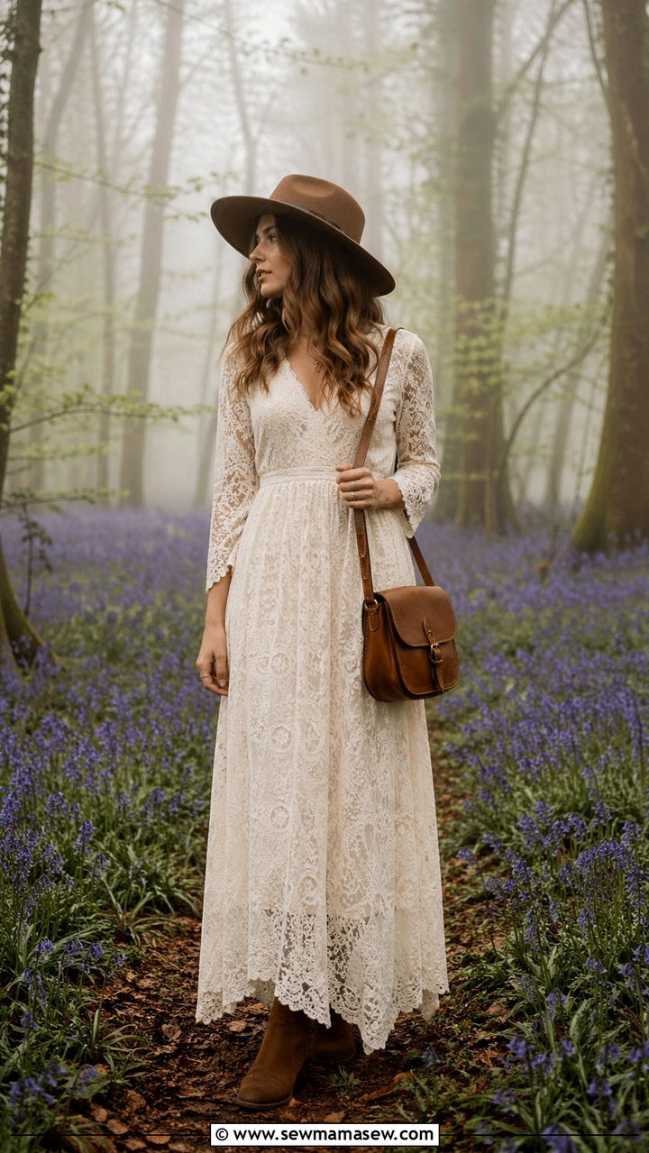 Lace Maxi Dress With Ankle Boots - 30 Spring flower field photoshoot outfits