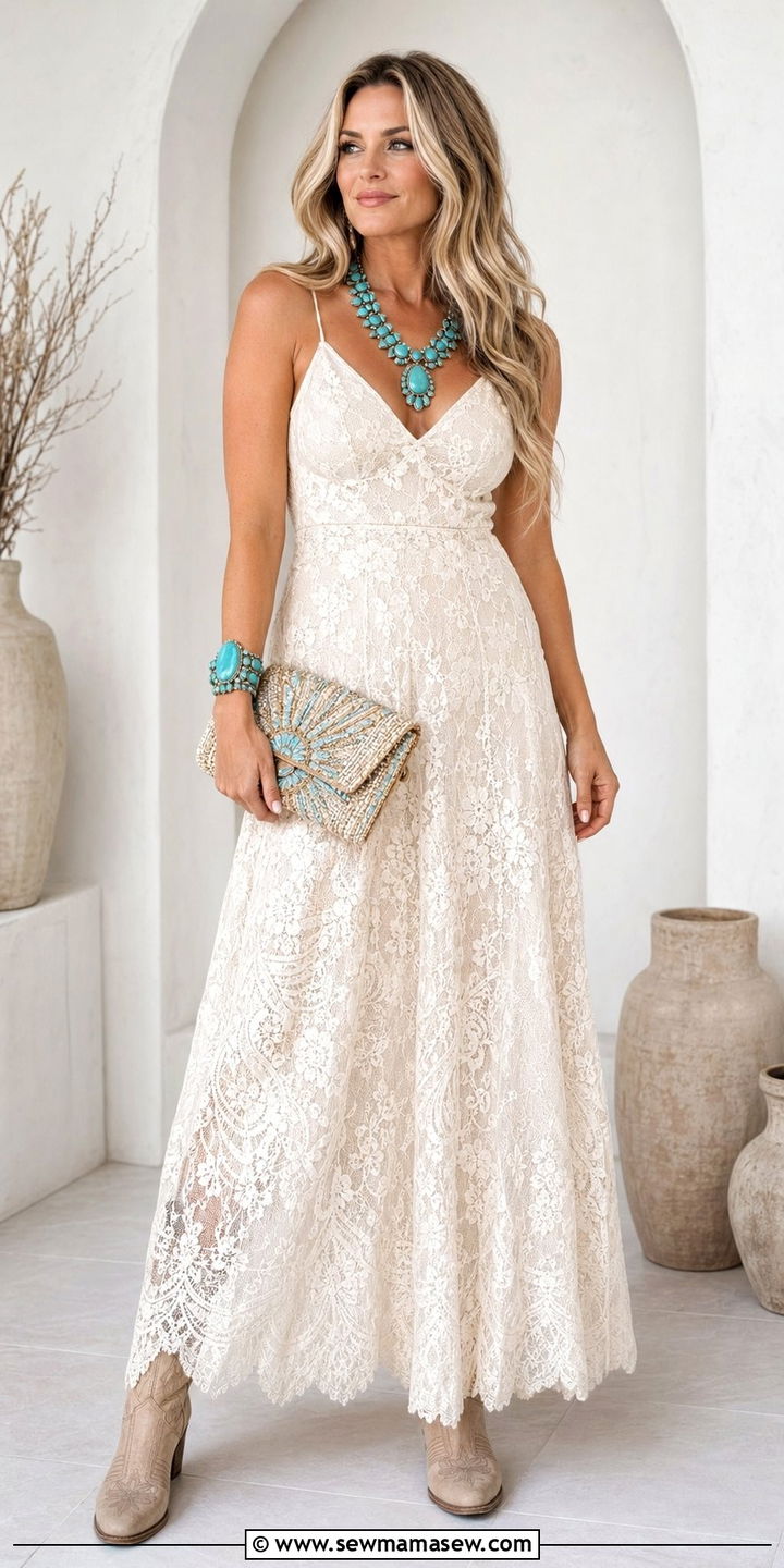 Lace Maxi Dress With Turquoise Statement Jewelry Western Wedding - 30 Western outfit ideas for wedding