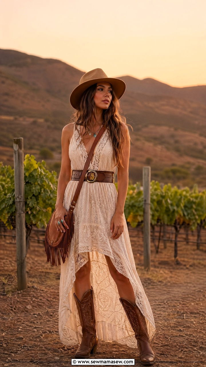 Lace Maxi Dress with Cowboy Boots Summer Mexico Outfit - 35 Summer Mexico outfit ideas