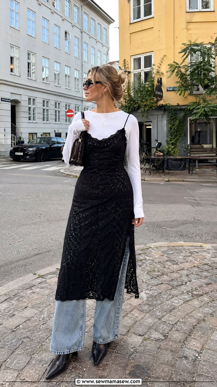 Lace Midi Dress Over Wide Leg Jeans Outfit - 35 Copenhagen outfit ideas