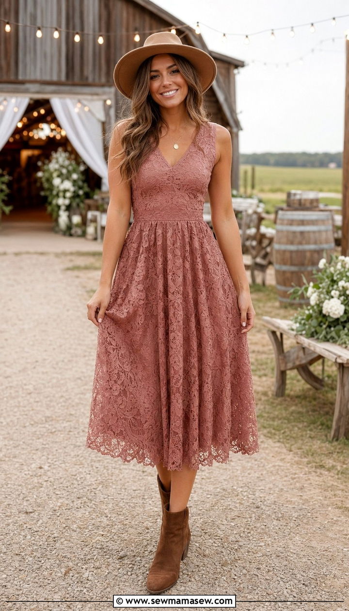 Lace Midi Dress With Ankle Boots - 35 Outdoor wedding guest outfits