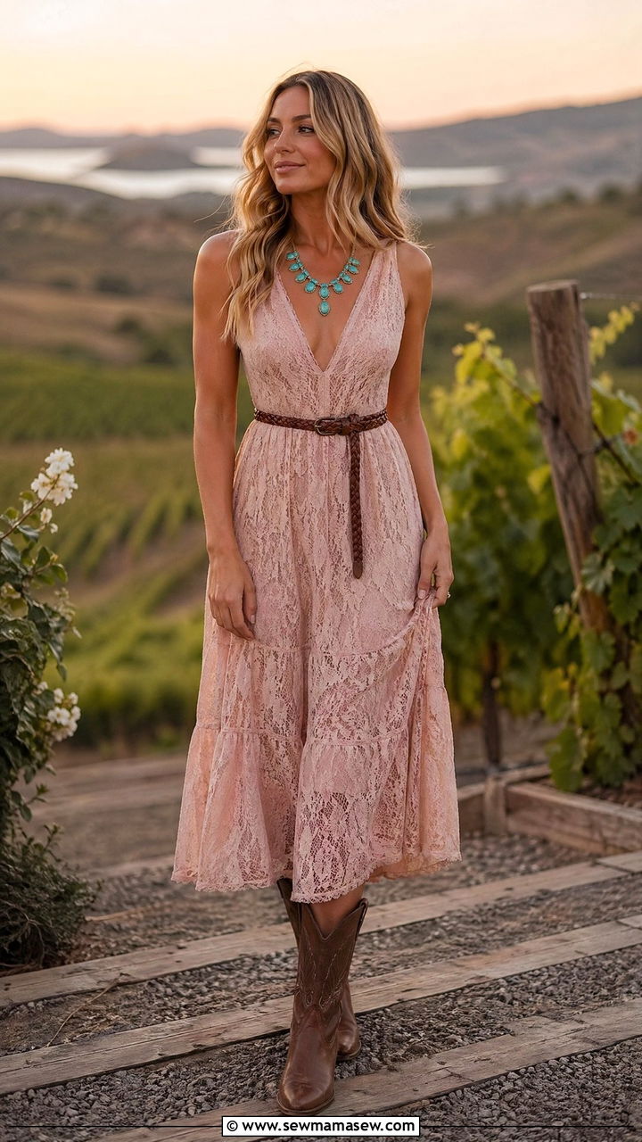 Lace Midi Dress With Cognac Boots - 35 Coastal cowgirl outfit ideas