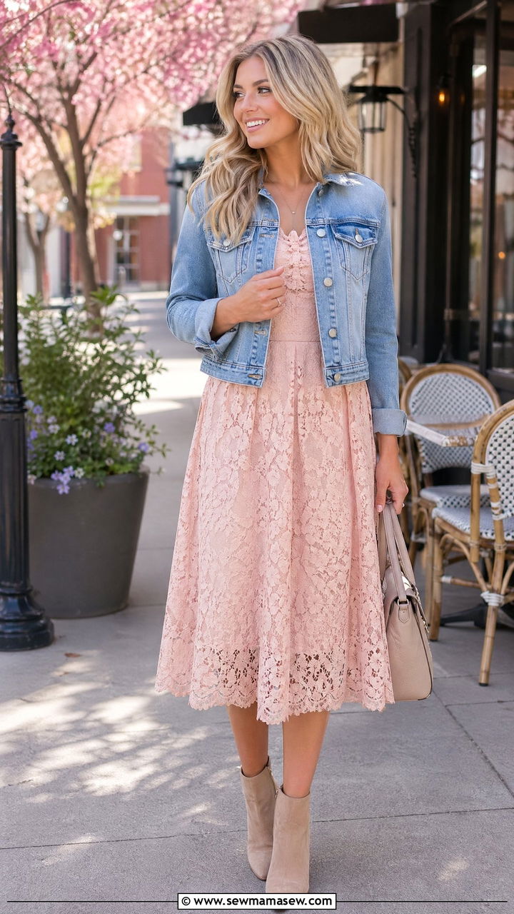 Lace Midi Dress With Cropped Denim Jacket And Ankle Boots - 35 spring feminine outfit ideas