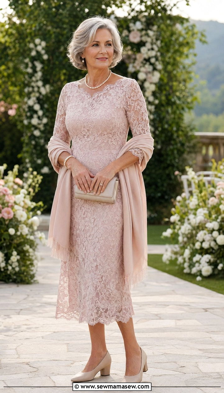 Lace Midi Dress With Neutral Heels - 35 Outfit ideas for women over 75