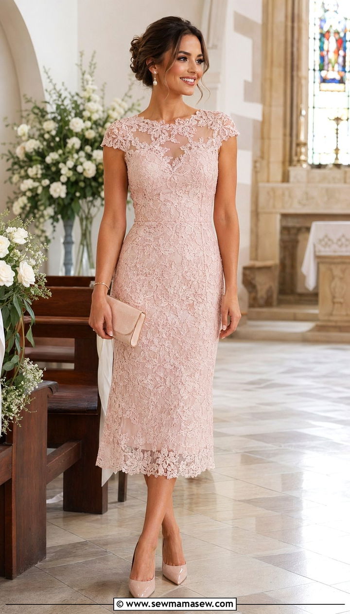 Lace Midi Dress With Nude Pointed Heels - 30 Afternoon wedding guest outfits