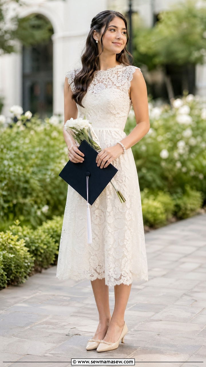 Lace Midi Dress With Pearl Accessories - 35 classy graduation outfit ideas
