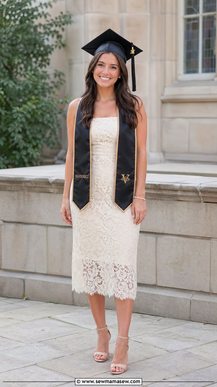 Lace Midi Dress With Pearl Accessories - 35 College graduation outfit ideas