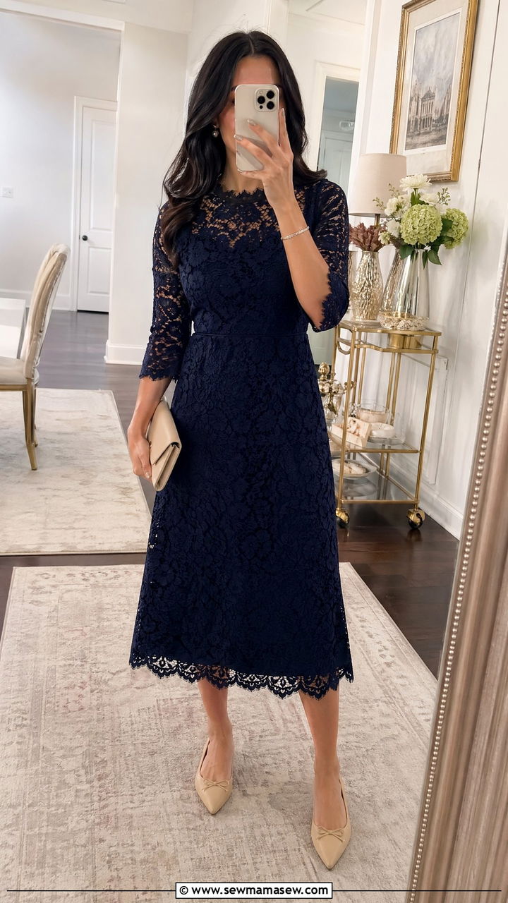 Lace Midi Dress With Pearl Accessories - 35 what to wear to a bridal shower