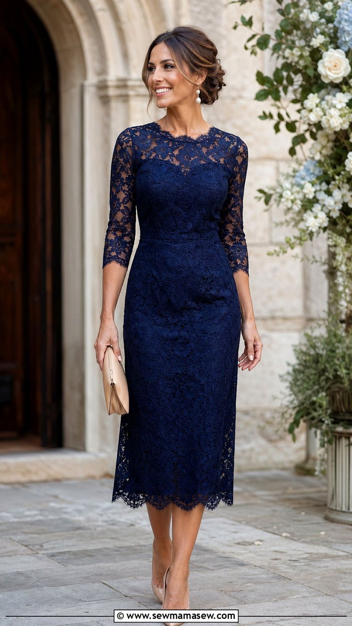 Lace Midi Dress With Pearl Accessories - 30 wedding guest outfits ideas