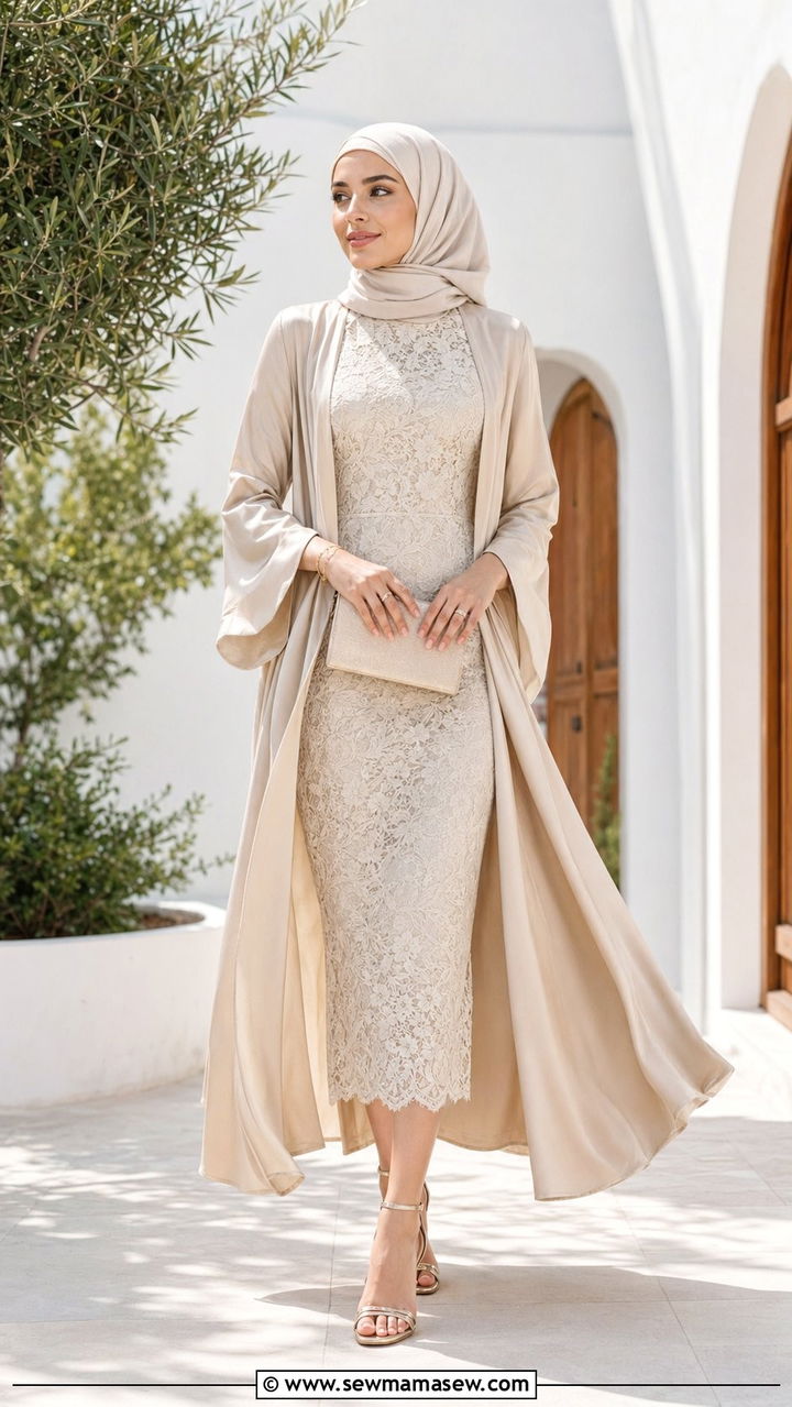 Lace Midi Dress With Satin Duster - 35 Modest outfit ideas for wedding guest