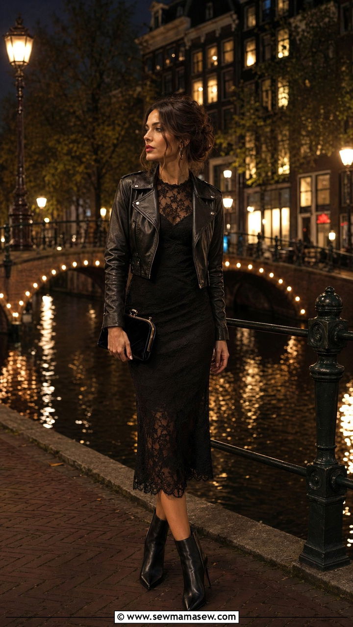 Lace Midi Dress and Leather Jacket Amsterdam - 30 Amsterdam outfit ideas