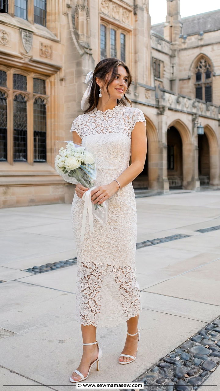 Lace Midi Dress and White Heeled Sandals - 35 classy graduation outfits